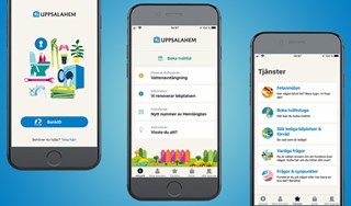 Tre mobiltelefoner som visar Uppsalahems app